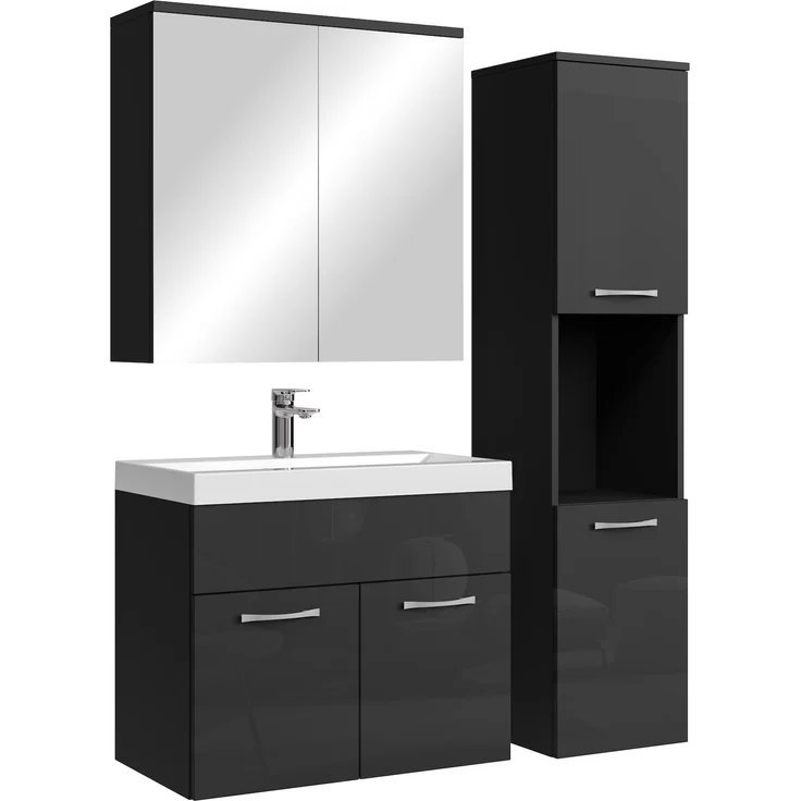 Badplaats Badmöbel Komplettset Montreal 60x35 cm Schwarz Hochglanz - Badezimmermöbel mit Waschbecken, Spiegelschrank und Badezimmerschrank – Bild 1