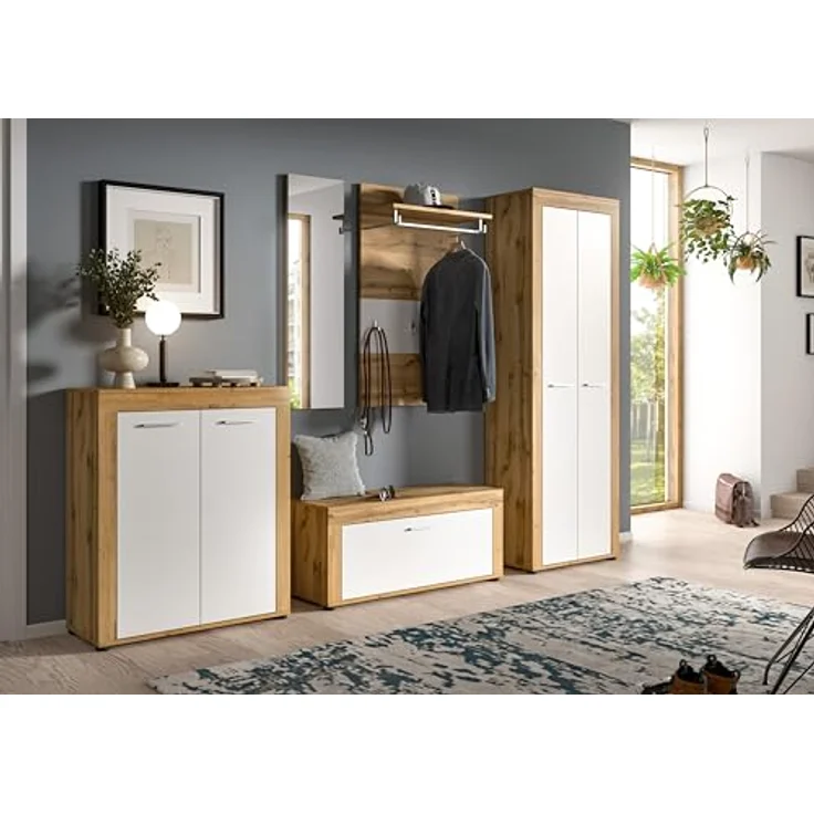 xonox. home Garderobe Jam X8BK6631 Sitzbank Bank in Wotan Eiche Nb, weiß, ca. 100 x 44 x 35 cm – Bild 3