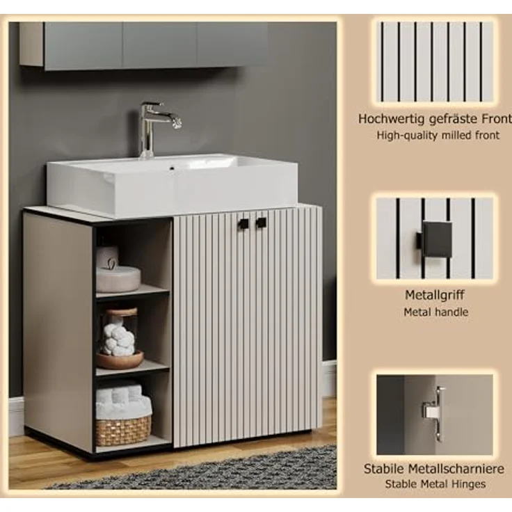 trendteam smart living - PureBliss - Waschbeckenunterschrank - Kashmir Hellgrau -Rillenoptik - 3 offene Fächer + 1 Einlegeboden - (BxHxT) 90 x 79 x 53 cm - edle Metallgriffe – Bild 8