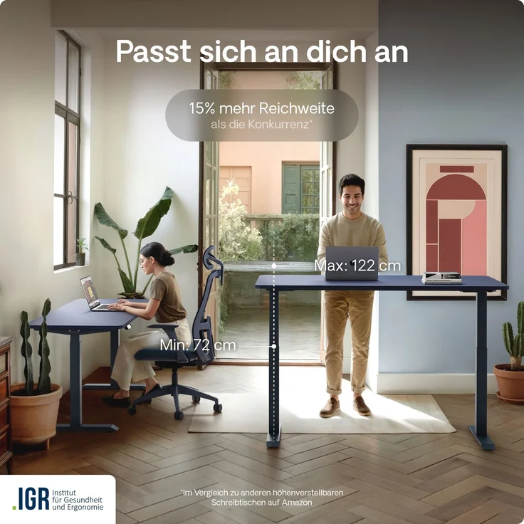 Desktronic HomeOne Elektrisch höhenverstellbarer Schreibtisch 160x80cm Blau/Blau mit Memory-Funktion, Anti-Kollisions Technologie, USB-A und USB-C-Ladeanschlüssen – Bild 7