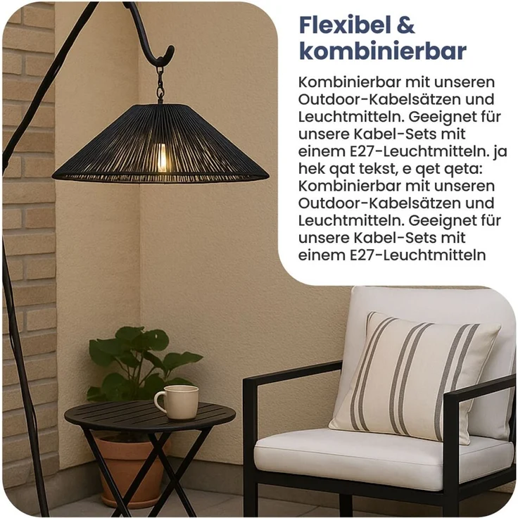 Star Rattan-Lampenschirm „Vide“ (Ø 58 cm), Für den Außenbereich - wetterfest und dekorativ in Schwarz, Kombinierbar mit E27-Outdoor-Kabelsets, Schutzart IP44 – Bild 5