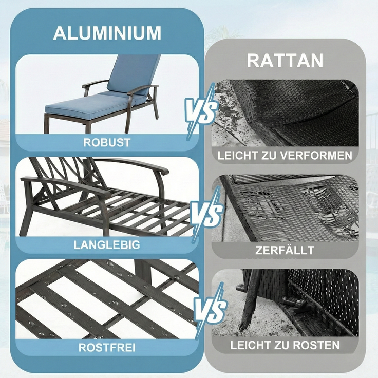 LVHOM Luxus Sonnenliegen 1 St, Verstellbare Aluminium-Liege mit Kissen, Gartenliege Rostfrei/wasserfest, 60 x 183 x 39 cm – Bild 5