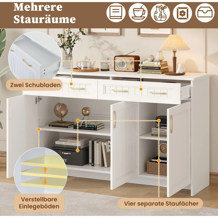 Flieks Sideboard 140 x 40 x 90 cm mit 2 Schubladen, 3 Türen, verstellbaren Einlegeböden und goldenen Griffen, Weiß – Bild 5