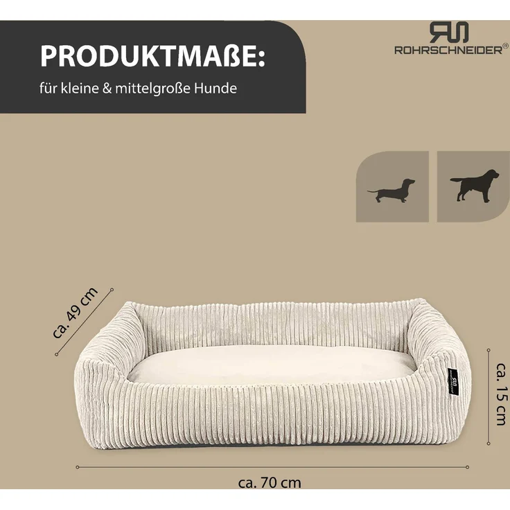ROHRSCHNEIDER Hundebett - Cord, Hundekorb, Tierbett, Wendekissen, Bezug waschbar, rutschfest Beige 15x70x49cm – Bild 3