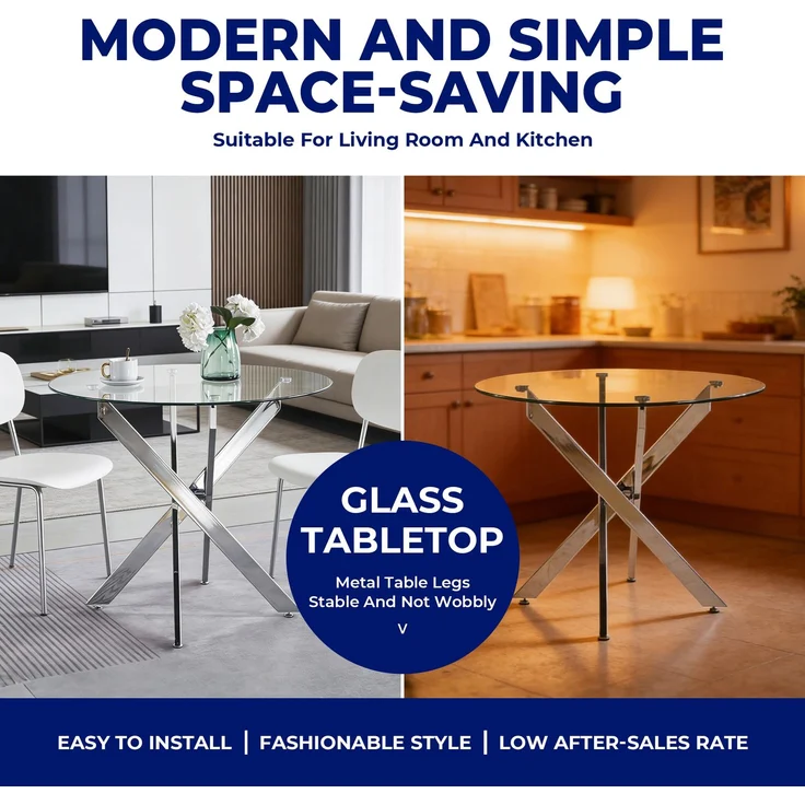 JARDJ Esstisch mit gekreuzten Metallbeinen und Tischplatte aus gehärtetem Glas, moderner, platzsparender Küchentisch für das Wohnzimmer, verchromte Beine, runder Tisch, silberfarbene Beine, 80 x 80 x 75 cm – Bild 3