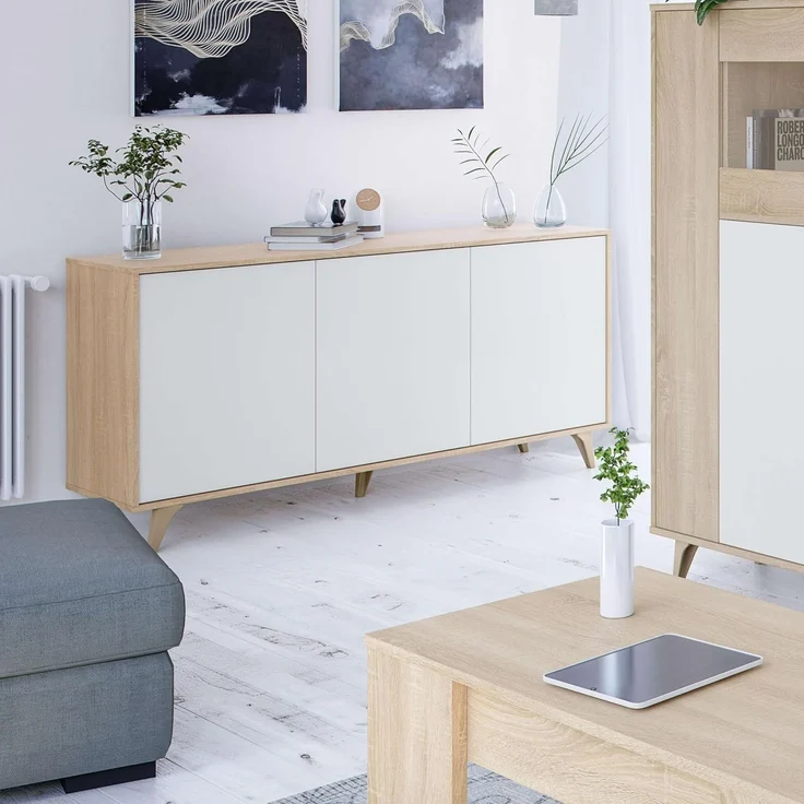 Habitdesign, modernes Sideboard mit 3 Türen – Buffet für Wohnzimmer oder Esszimmer, Beistellschrank mit viel Stauraum in Artik weiß & Eiche, Maße: 154 x 75 x 40 cm (B x H x T), Modell Kikua Plus – Bild 2