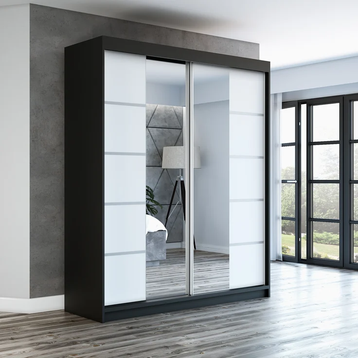 Schwebetürenschrank ERA 2-türig Schrank 160 cm (mit Spiegel) Farbe: Schwarz , weiß – Bild 2