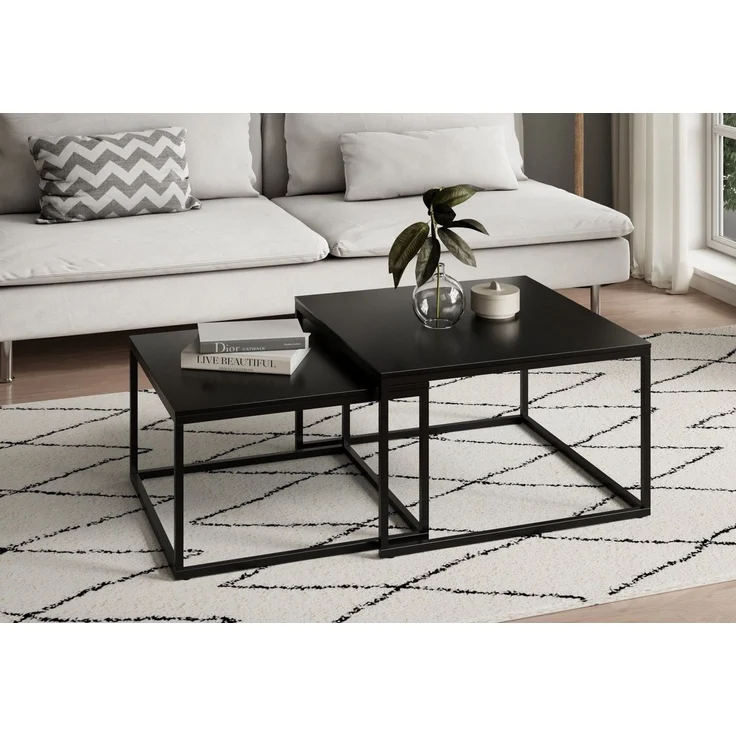 Home Collective Couchtisch 2er Set aus Holz, Wohnzimmertisch Modern (Beistelltisch Set 2 in 1 mit Metallgestell, Büro Beistelltisch Loft Design TWIN, kratzfeste Oberfläche, Set 2 in 1), Quadratisch in Schwarz, für Wohnzimmer – Bild 1