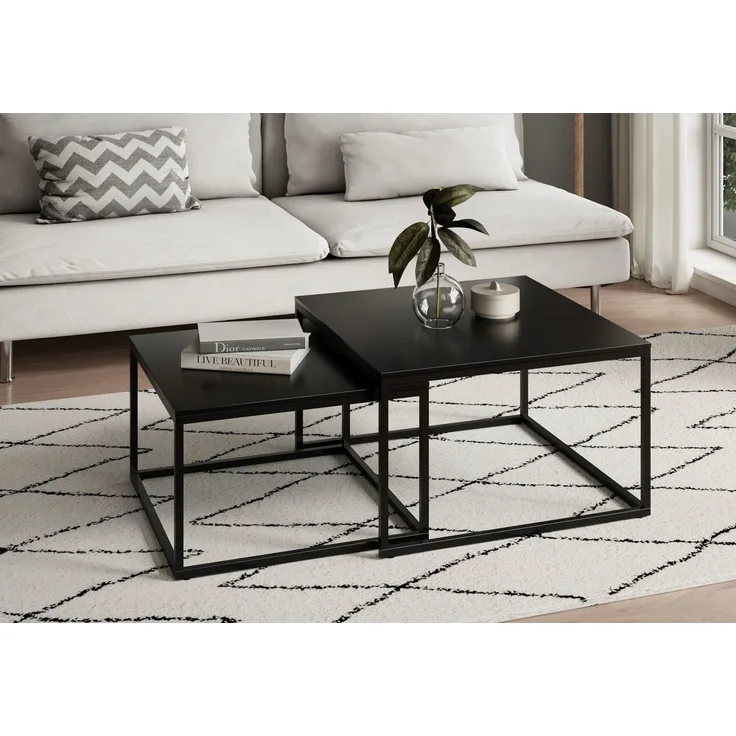 Home Collective Couchtisch 2er Set aus Holz, Wohnzimmertisch Modern (Beistelltisch Set 2 in 1 mit Metallgestell, Büro Beistelltisch Loft Design TWIN, kratzfeste Oberfläche, Set 2 in 1), Quadratisch in Schwarz, für Wohnzimmer