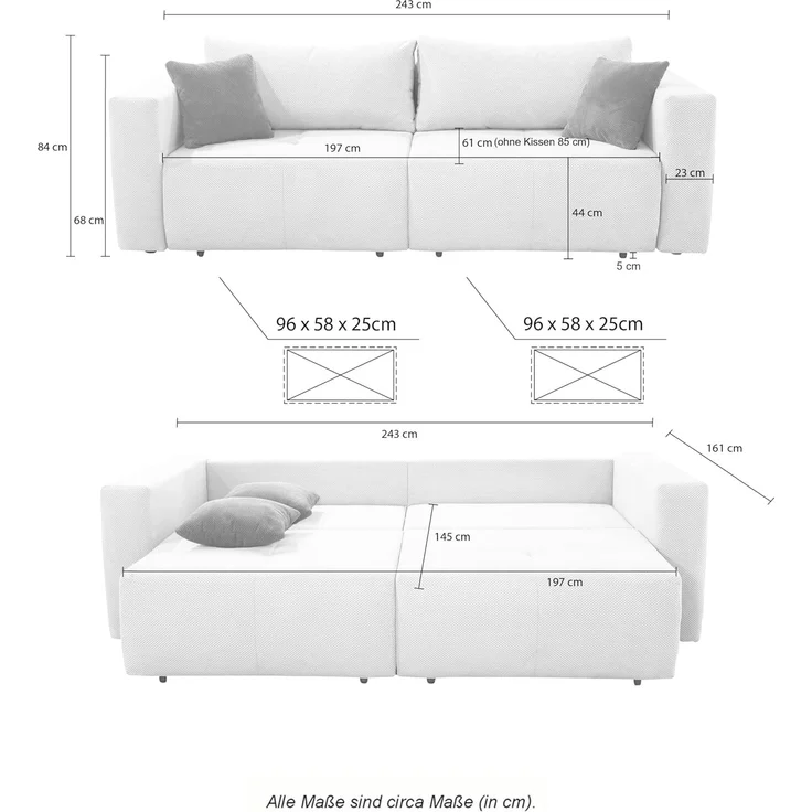 Schlafcouch Verwandlung Big-Sofa zum Ecksofa Schlaffunktion Bettkasten Cord Grau – Bild 3