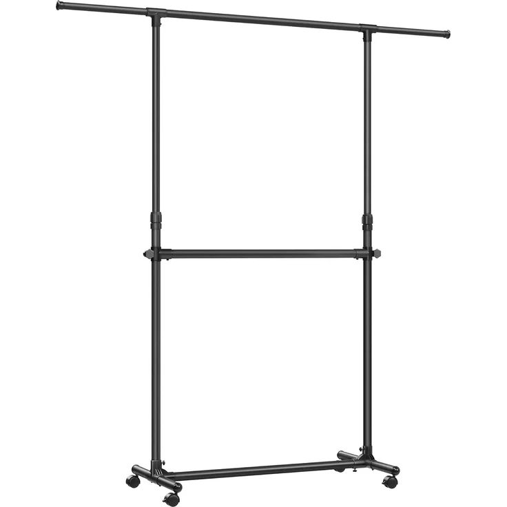 SONGMICS Kleiderständer mit 2 Kleiderstangen, ausziehbare Garderobenstange, mit Rollen, Garderobenständer, höhenverstellbar zwischen 113 und 180 cm, untere Stange verstellbar, schwarz LLR401B01 – Bild 1