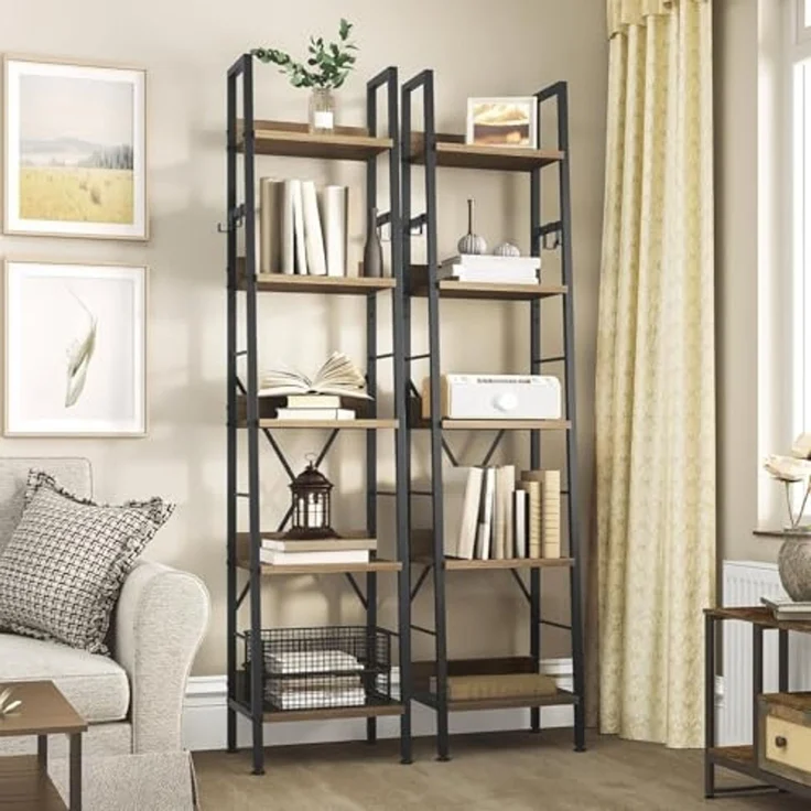 YITAHOME Schmal Bücherregal mit 5 Ebenen 35 cm Breit, Industrielles Leiterregal Standregal Holzregale und Metallrahmen, Modernes Regal für Wohnzimmer, Eichenfarbe – Bild 2