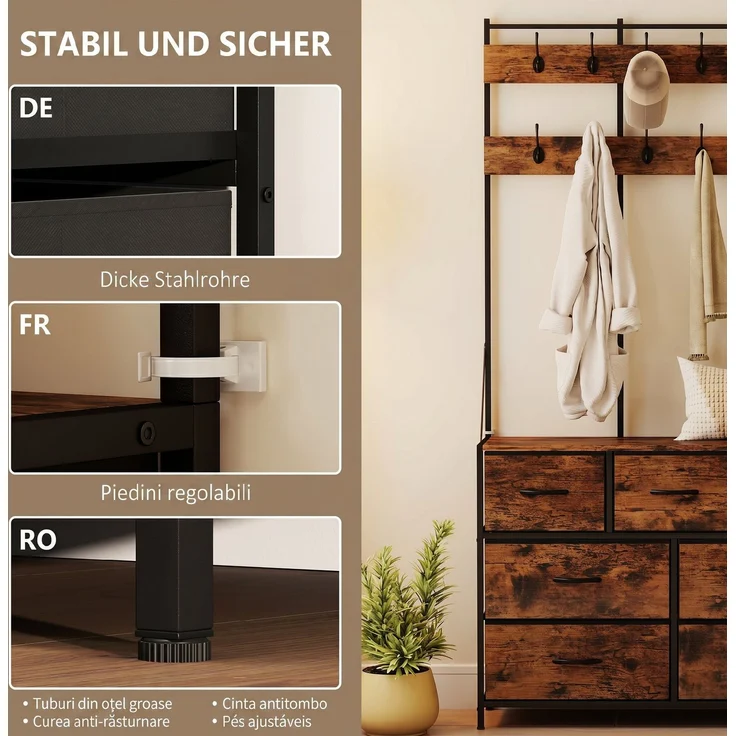HOMCOM Garderobenständer, Spanplatte, Stahl, Rustikal-Braun, 100L x 30B x 183H cm – Bild 7