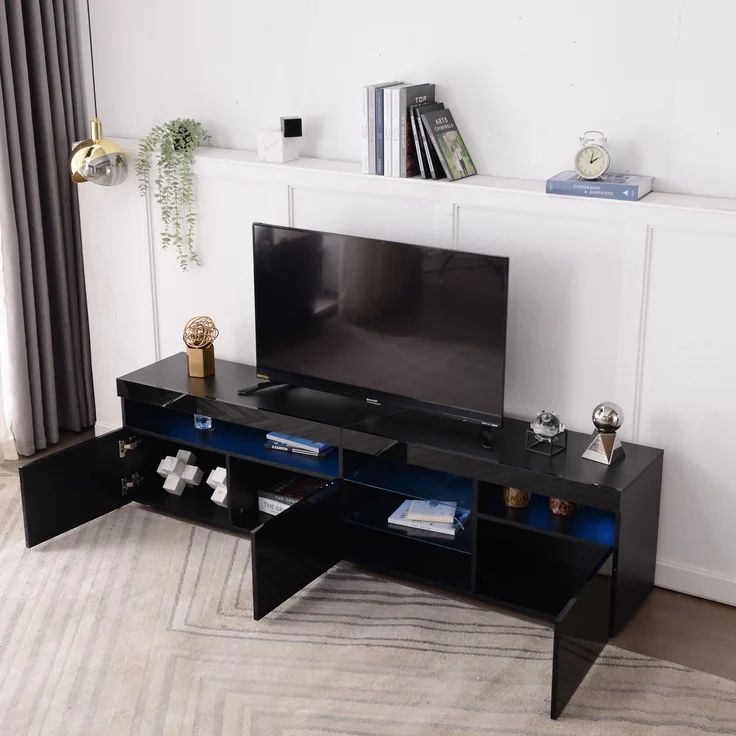 TV-Schrank, MDF mit Hochglanzfront & LED-Beleuchtung, 180x35x48 cm, Schwarz – Bild 10