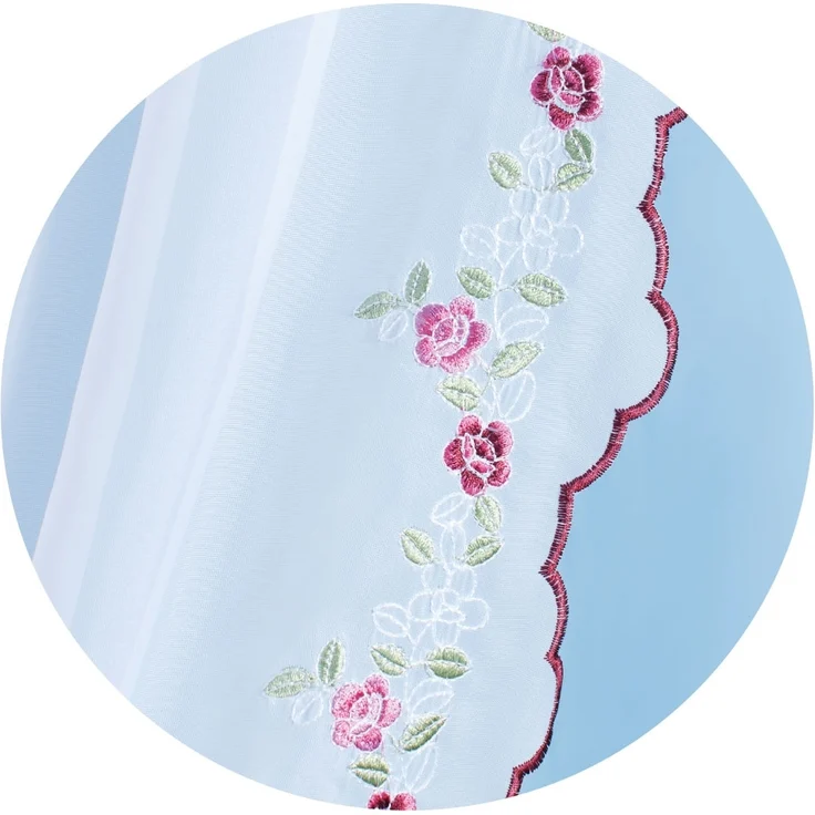 Gardinenset Voile mit Stangendurchzug Serie: Satin, Auswahl: weinrot - Blumen bestickt 5-teilig – Bild 7