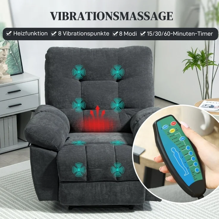 Massagesessel mit Liegefunktion, dunkelgrau, 8 Vibrationspunkten und Lendenheizung,107x102x100 cm – Bild 6