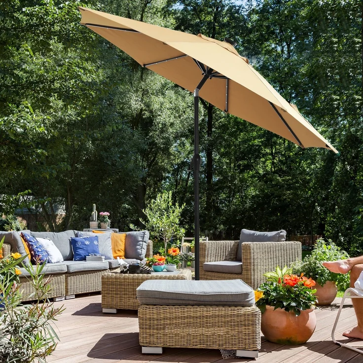 Sonnenschirm mit LED-Solar-Beleuchtung und Kurbel, knickbar, Metall taupe, Ø 3 m – Bild 2