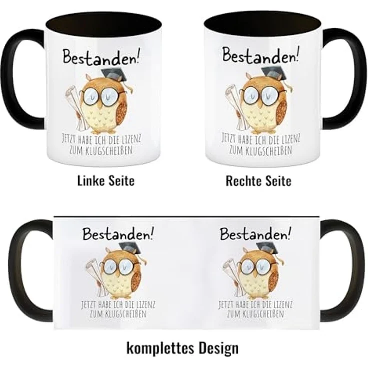 speecheese Tasse Bestandene Prüfung Eule Kaffeebecher in schwarz mit Spruch Lizenz zum – Bild 4