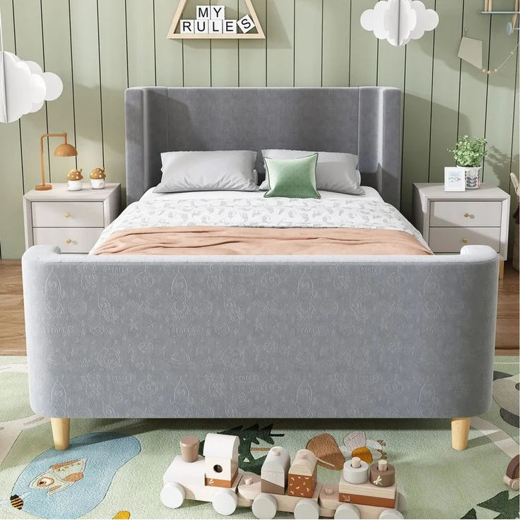 Flieks Polsterbett, Kinderbett Einzelbett 90x200cm mit kosmischem Muster Samt – Bild 2