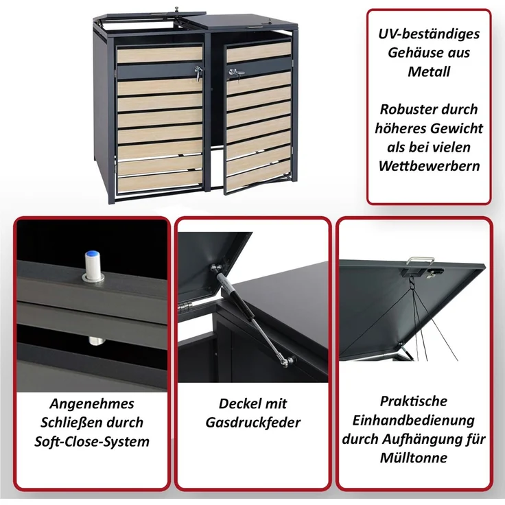 2er Mülltonnenverkleidung HWC-J81, Mülltonnenbox, erweiterbar, Metall 50kg, anthrazit ~ Kirsche-Holzoptik dunkelbraun – Bild 2
