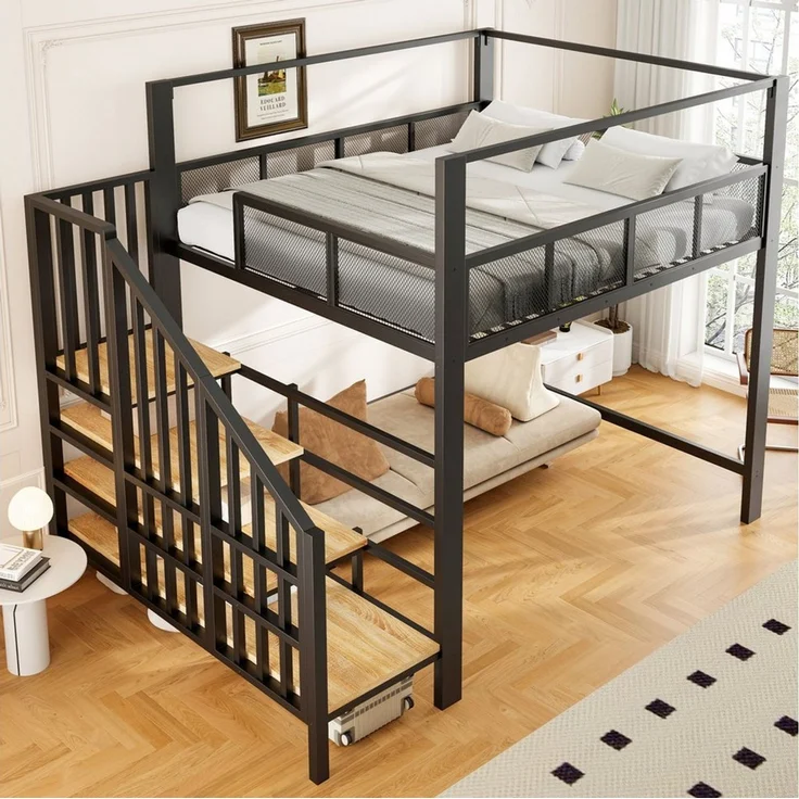 Celya Hochbett Metall Einzel-Hochbett mit Sicherheitsgitter im Netzdesign (ohne Matratze, mit Stauraumstufen fürs Schlafzimmer) – Bild 4