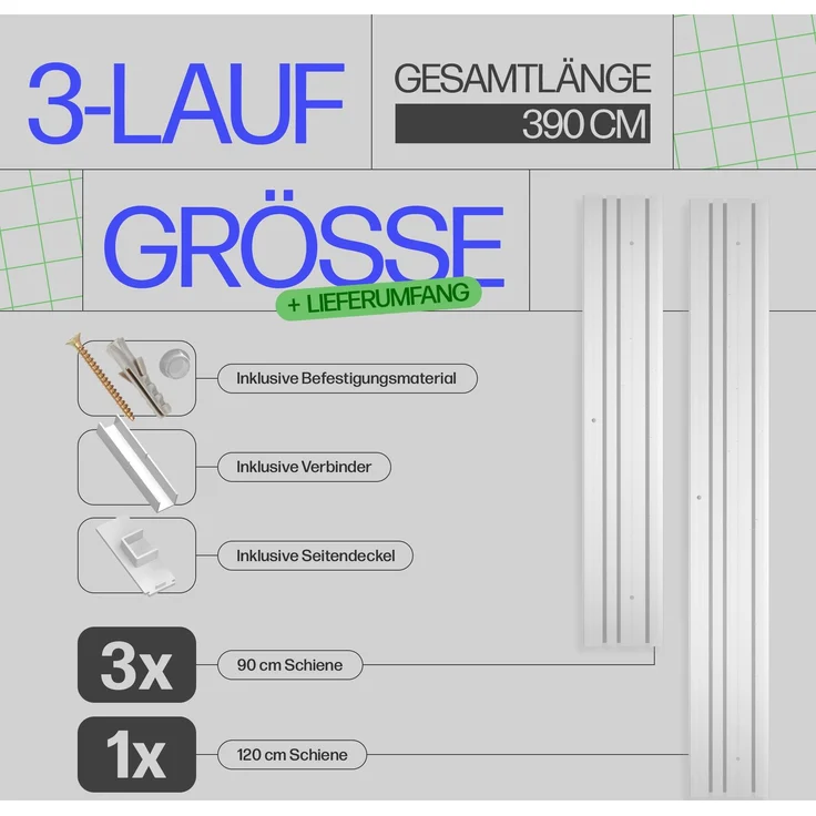 Bestlivings Gardinenschiene ( Weiß ) 390cm (3x90/1x120 cm) 3-läufig – Bild 2