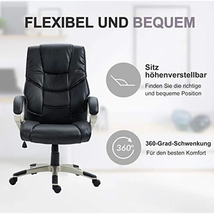 HOMCOM Bürosessel, Drehstuhl aus Kunstleder mit ergonomischer Rückenlehne, schwarz, 58x124x70 cm, höhenverstellbar – Bild 4