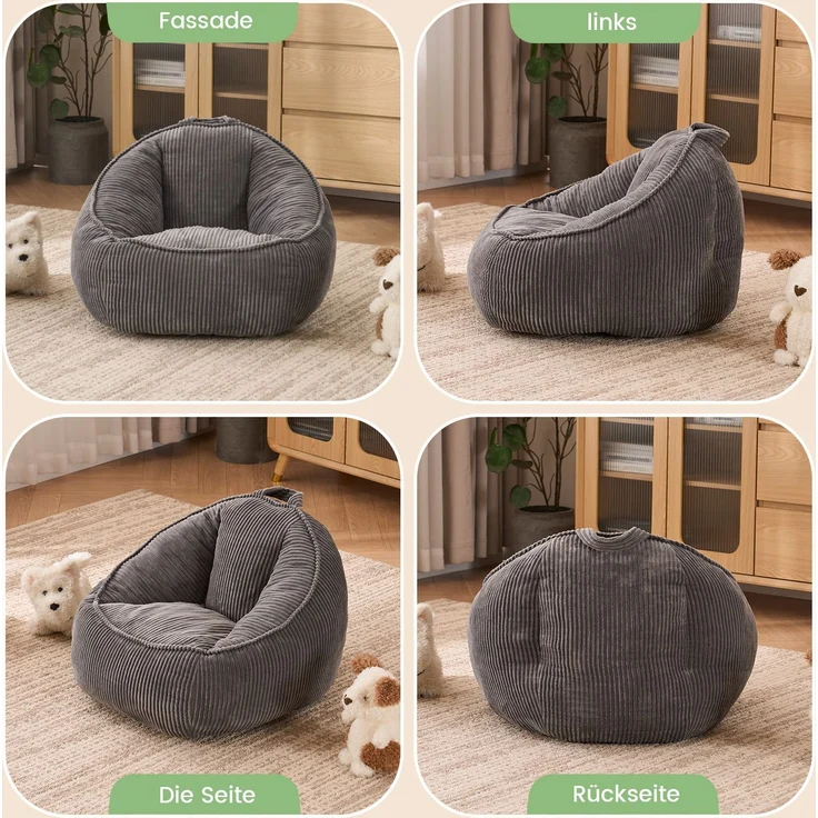 Sitzsack 69cm×72cm×51cm in Grau – aus Cord mit ergonomischer Form für Kinderzimmer und Spielecke – Bild 9