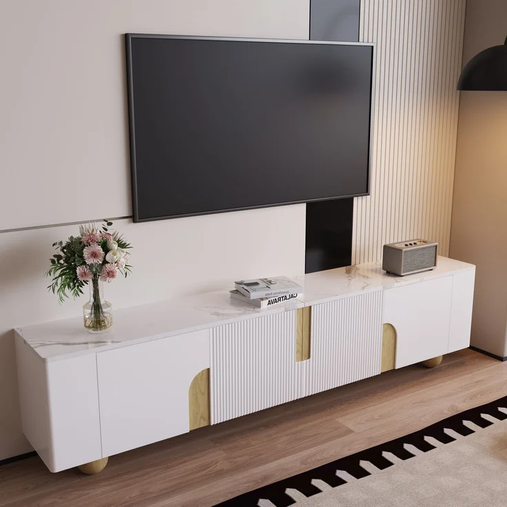 TV-Schrank 180 cm Weiß Holzoptik mit Marmoroberfläche, 4-türig, Massivholzfüße, modernes Sideboard fürs Wohnzimmer – Bild 3