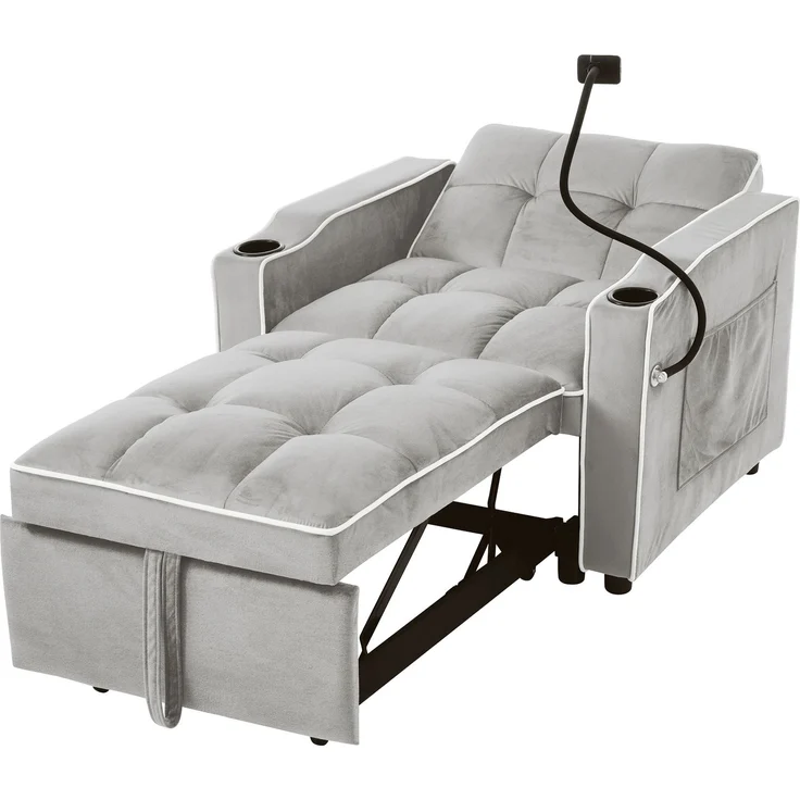 Merax 3-in-1 Ausziehbares Einzel-Schlafsofa – Mit Getränkehaltern und Handyhalter, Sofa-Liegestuhl, Schlafstuhl, Sessel, hellgrau – Bild 10