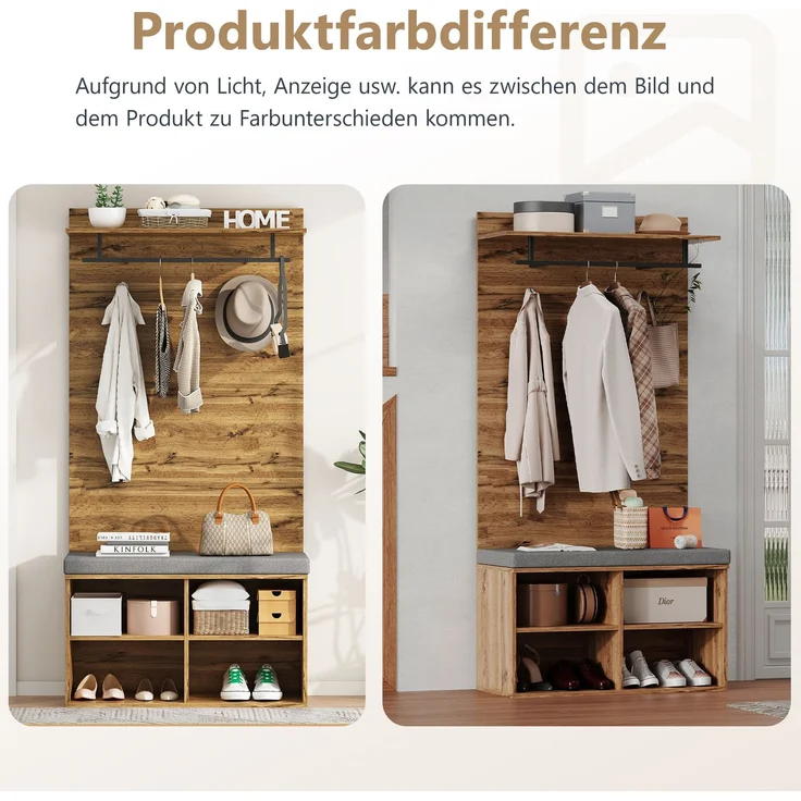 Garderobenset mit Schuhbank, verstellbarem Regal und Kleiderstange, 84x35x175 cm, Eiche – Bild 7