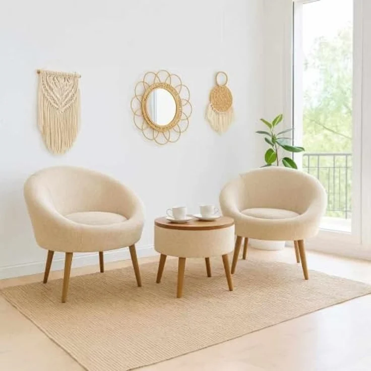 Hanah Home Elegantes Ohrensessel- und Couchtisch-Set (3-teilig), Creme, 100% Leinen und Esche | 18 mm melaminbeschichtet | Moderner Komfort – Bild 2