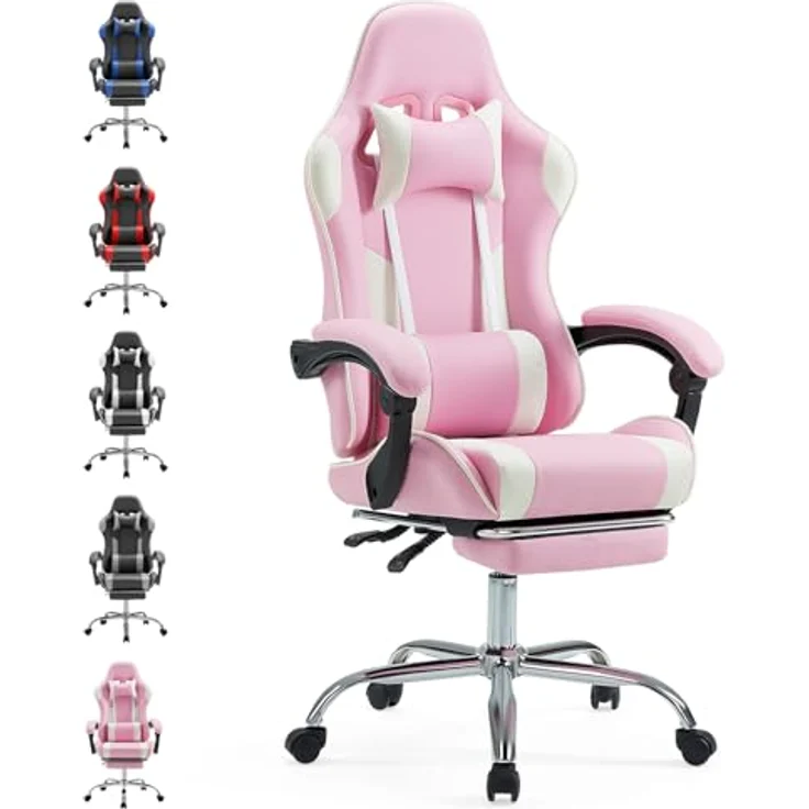 Sweetcrispy Videospiel-Schreibtischstuhl - Ergonomischer Computerstuhl mit Fußstütze und bequemer Lendenwirbelstütze, PU-Leder-Liegesessel mit Kopfstütze,rosa – Bild 2