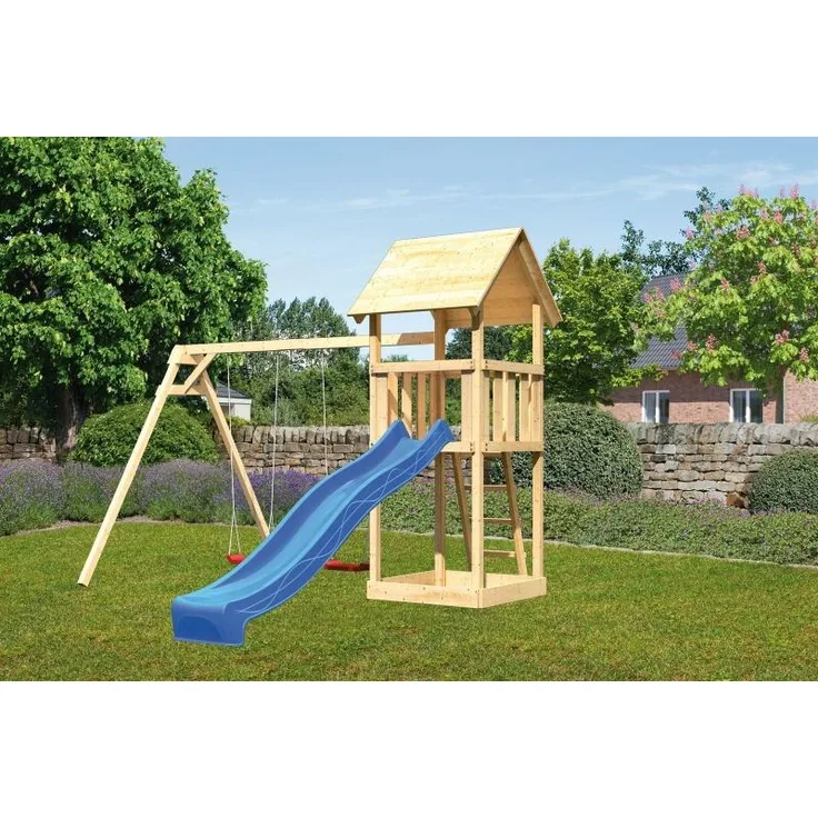 Karibu Kinderspielturm Lotti Satteldach Set naturbelassen mit Doppelschaukel ECO und Rutsche blau