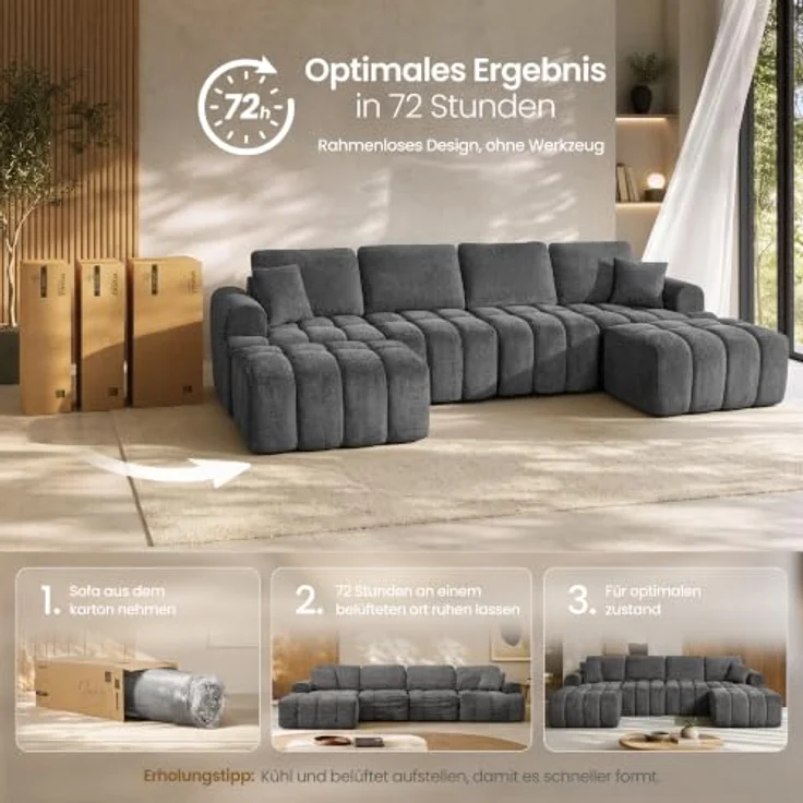 VASAGLE Modulares Sofa, 6-Sizer, Schlafsofa, Rahmenlos, Chenille | Couch, 157 x 306 x 85 cm, für Wohnzimmer, grau, CAMILA Kollektion LCS168G101-02 – Bild 5