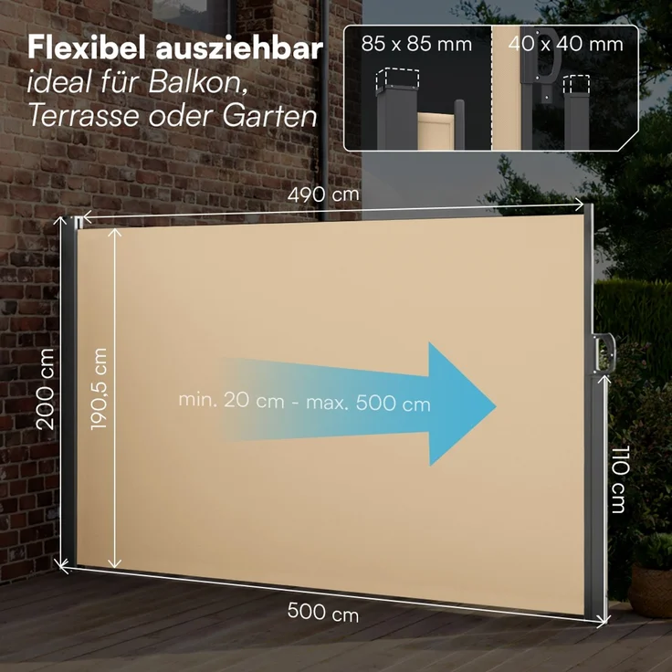 STEELSØN 'Zirella' Seitenmarkise mit Aluminium-Kassette, ausziehbar, 200x500 cm, beige/anthrazit, wetterfest und blickdicht – Bild 8