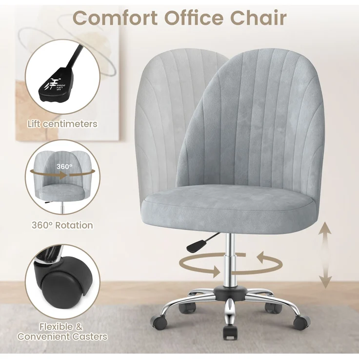 Botifly Bürostuhl ohne Armlehnen, Samt, Grau, 8 cm Polsterung, 360° Drehbar – Bild 7