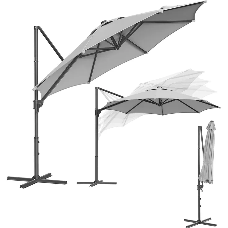 Songmics Sonnenschirm, Ø 300 cm, UPF 50+, 360° drehbar, Neigungswinkel stufenlos verstellbar, taubengrau
