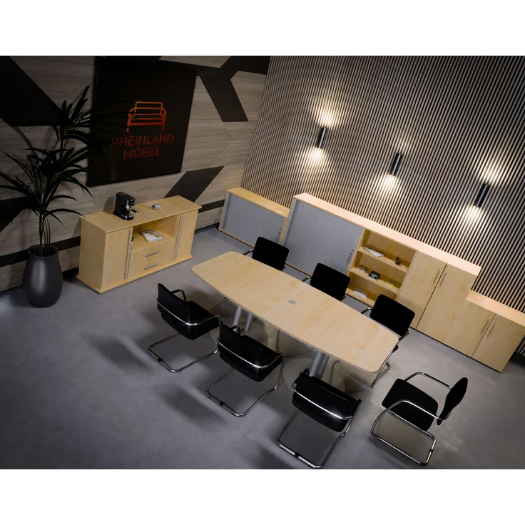 Rheinland Möbel Konferenztisch KONTI 220x103 cm – ovaler Besprechungstisch in Ahorn mit silbernen Säulenfüßen & Kabelauslass, Meetingtisch für 6–8 Personen, moderner XXL-Tisch fürs Büro & Besprechungsraum – Bild 4