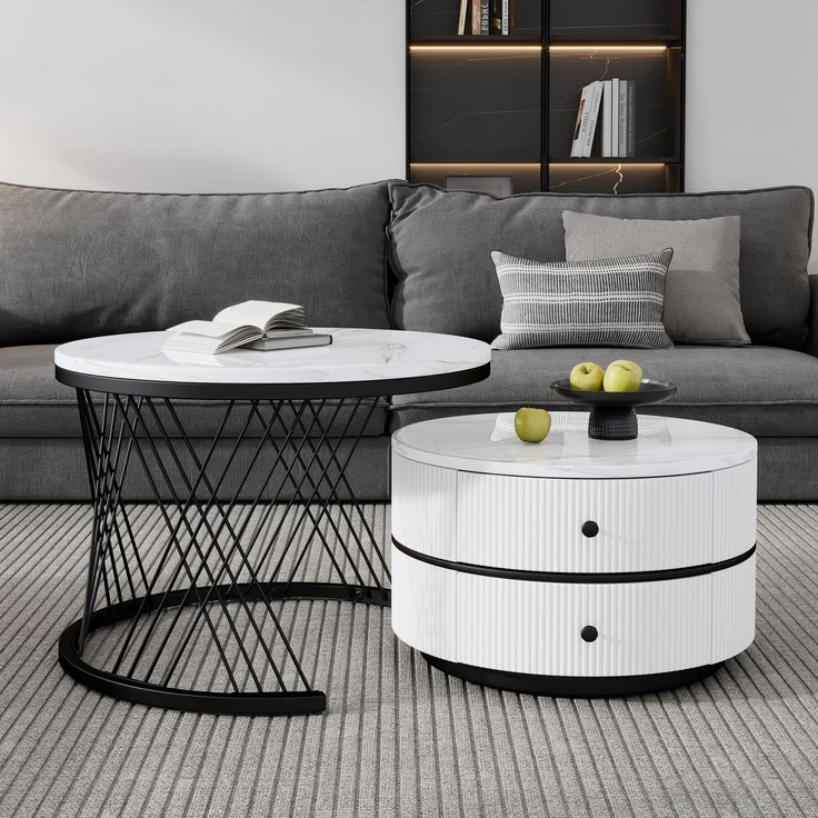 Couchtisch-Set rund, groß 60×60×46 cm und klein 50×50×31 cm, Hochglanz-Marmoroptik, MDF – Bild 6