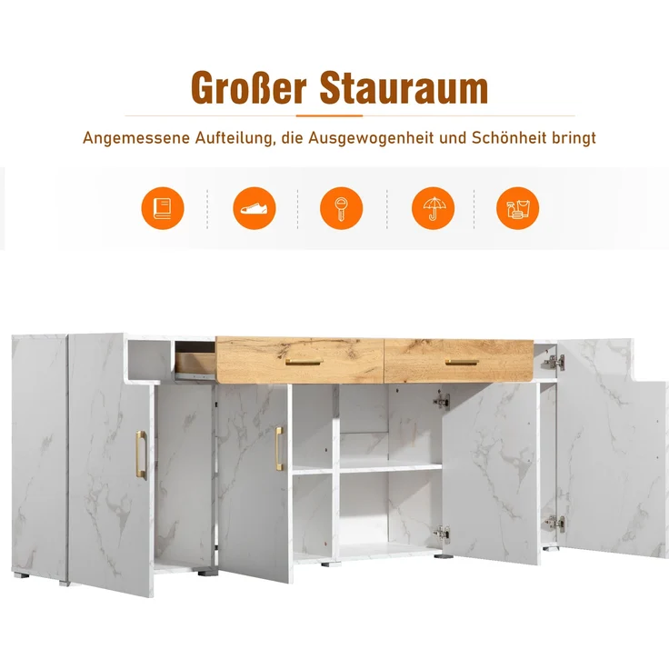Sideboard, mit 4 Türen, 2 Schubladen & 8 Holzfüßen, 208x39,5x80 cm, Weiß/Braun – Bild 6