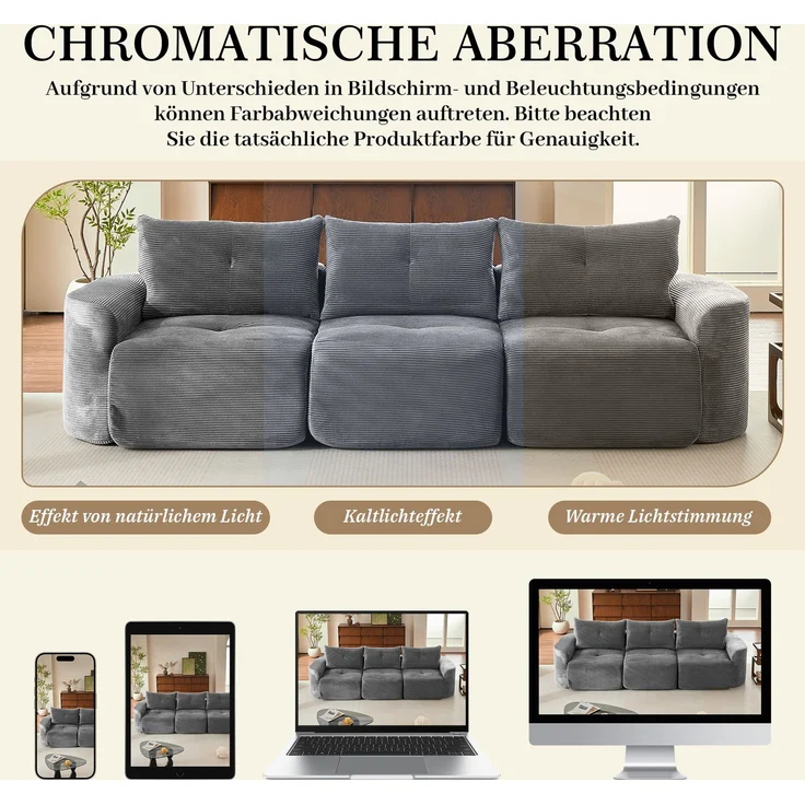 EINHOM Modernes modulares 3-Sitzer Sofa in Anthrazit – Wabi-Sabi Stil, Cord Stoff Sofa mit abnehmbarem Einzelsitz, 2+1 Konfiguration, Rippen-Design, Rundes Design – Bild 3