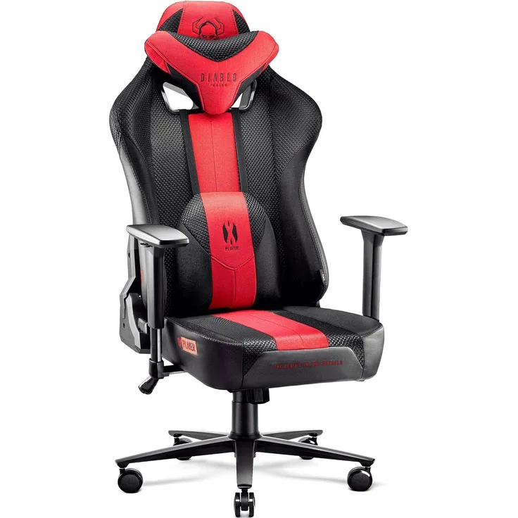 Diablo X-Player 2. 0 Gaming Stuhl Bürostuhl Gamer Chair Stoff 3D Armlehnen Ergonomisches Design Nacken/- Lendenkissen Wippfunktion Anthrazit-Rot Normal (L)