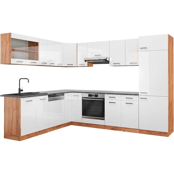 Eckküche R-Line Weiß Hochglanz/Goldkraft Eiche 287 x 227 cm, AP Anthrazit Vicco