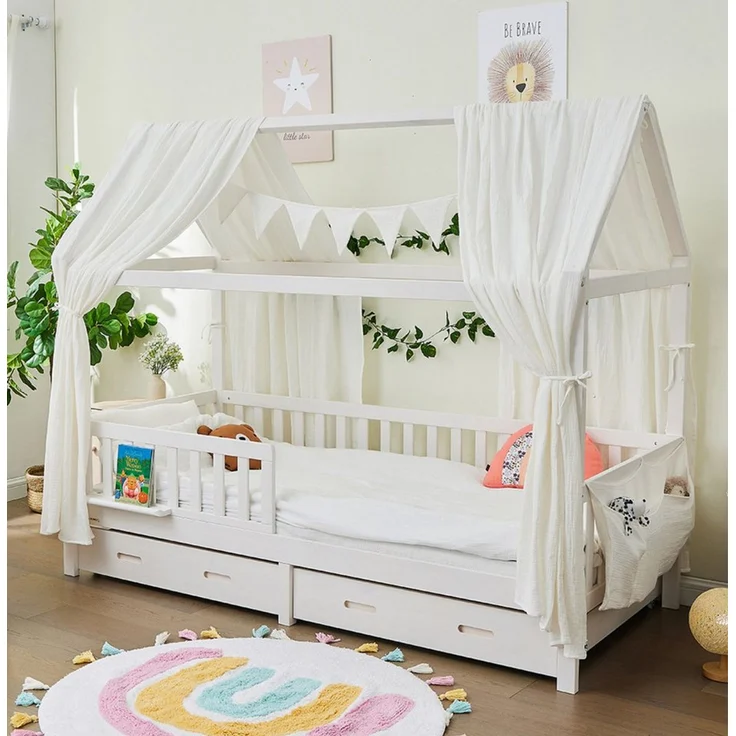 Alavya Home® Betthimmel Dekoset (2 Stück Betthimmel 1 Stück Wimpelkette 300cm cm lang mit 9 Stück Wimpeln, 3-tlg), Dekoset aus 100% Bio-Musselin Baumwolle 125x350 cm – Bild 1