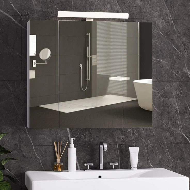 MSMASK Badezimmerspiegelschrank mit LED Beleuchtung, Steckdose und lichtschalter 70x15x60cm(BxTxH) (Ohne Matratze) Badezimmer spiegelschrank mit 3 Türen,Spiegel,Hängeschrank – Bild 5