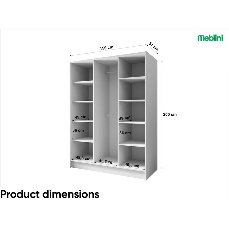 MEBLINI Kleiderschrank LUSINDA 150cm - Kaschmir - mit schwarzen Griffen - Drehtürenschrank mit einem Spiegel - Kleiderstangen und Regalböden – Bild 7