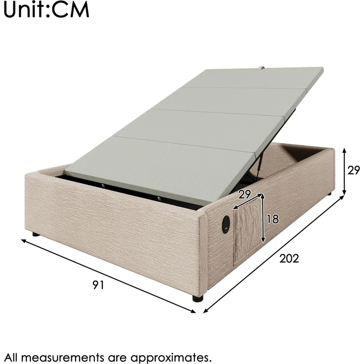 Polsterbett Einzelbett 90×200 cm, Struraumbett Bettgestell mit USB- C und Vollflächiger Lattenrost, Ohne Kopfteil, Leinen, Natürlich – Bild 2