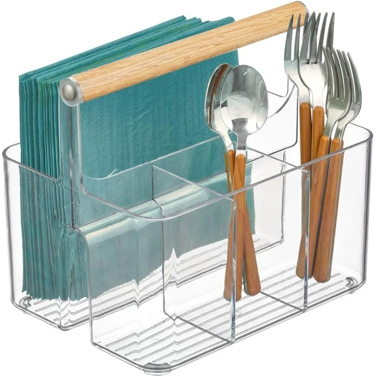 mDesign Aufbewahrungskorb Organizer Caddy 2 Fächer Holzgriff Transparent – Bild 5