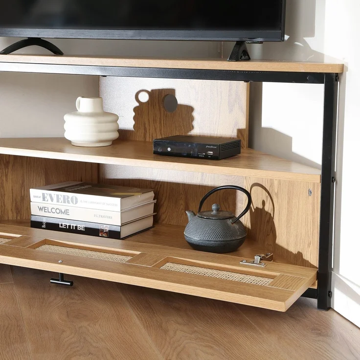 Casâme 'JAYA' TV-Eckschrank, 1 Tür, mit Rattangeflecht, L100 cm - Helles Holz – Bild 10